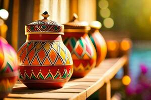 colorful vases on a wooden table with a sun shining in the background. AI-Generated photo