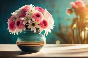 pink flowers in a vase on a table. AI-Generated photo