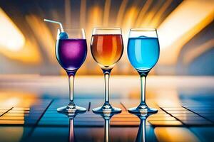 Tres lentes de de colores bebidas son mostrado en un mesa. generado por ai foto