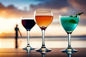 three glasses of different colored drinks on a table. AI-Generated photo
