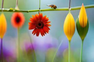 a colorful flower is sitting on a string. AI-Generated photo