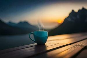 a cup of coffee on a wooden table with a view of the mountains. AI-Generated photo