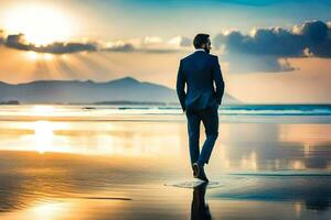 a man in a suit walks on the beach at sunset. AI-Generated photo