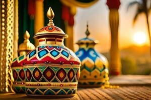 colorful vases on a wooden table with the sun setting. AI-Generated photo