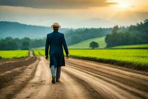 a man in a suit and hat walks down a dirt road. AI-Generated photo