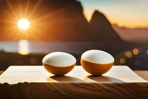 two eggs on a wooden table with the sun setting behind them. AI-Generated photo