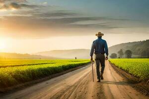 a man walking down a dirt road in a field. AI-Generated photo