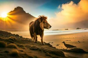 a lion and a bird on the beach at sunset. AI-Generated photo