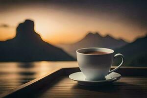 a cup of tea sits on a table in front of a lake. AI-Generated photo