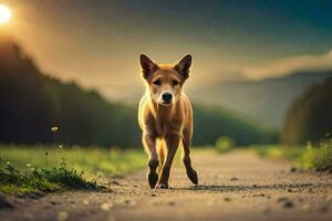 un perro caminando en un suciedad la carretera a puesta de sol. generado por ai foto