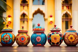a row of colorful pots lined up on a wooden table. AI-Generated photo