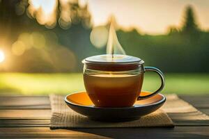 a cup of tea on a table with a sun in the background. AI-Generated photo