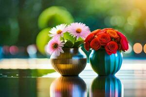 two vases with flowers on a table. AI-Generated photo