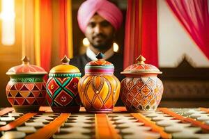 a man in a turban is standing in front of colorful vases. AI-Generated photo