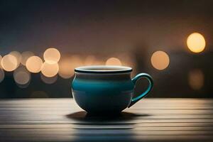 a blue cup sitting on a table in front of a blurry background. AI-Generated photo