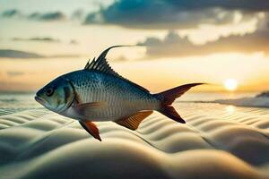 a fish is swimming on a beach at sunset. AI-Generated photo