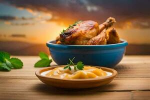 chicken in a bowl with a sauce on a wooden table. AI-Generated photo