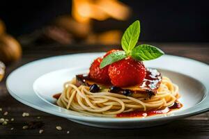 spaghetti with strawberries and basil on a plate. AI-Generated photo