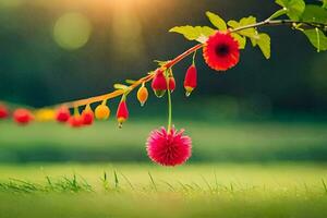 red flowers hanging from a branch in the grass. AI-Generated photo