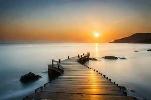 a wooden pier stretches out into the ocean at sunset. AI-Generated photo