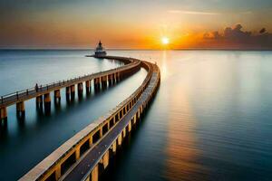 a long exposure photo of a pier at sunset. AI-Generated