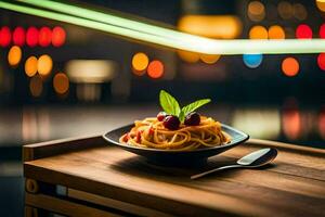 spaghetti with cherry and basil on a wooden table. AI-Generated photo