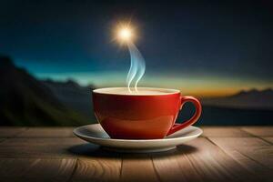 a cup of coffee with a flame on the top. AI-Generated photo