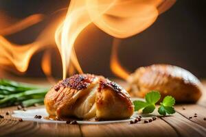 two pieces of chicken are on a plate with fire. AI-Generated photo