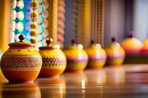 colorful pots lined up on a table in front of a window. AI-Generated photo