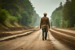 un hombre en un sombrero camina abajo un suciedad la carretera. generado por ai foto