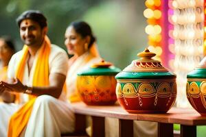 a man and woman sitting on a bench with colorful pots. AI-Generated photo