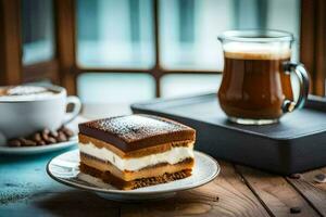 un rebanada de pastel y un taza de café en un mesa. generado por ai foto