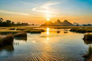 the sunrise over the li river. AI-Generated photo