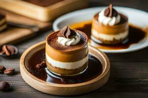two desserts on a wooden table with chocolate and nuts. AI-Generated photo