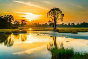 the sun sets over a marshy area with trees and grass. AI-Generated photo