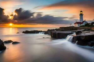 a lighthouse sits on the rocks at sunset. AI-Generated photo