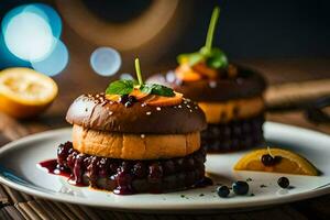 two small cakes on a plate with a slice of lemon. AI-Generated photo
