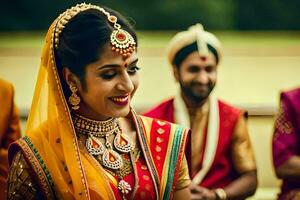 un hermosa indio novia sonrisas para el cámara. generado por ai foto
