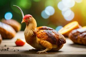 un pollo con un largo cola sentado en un mesa. generado por ai foto