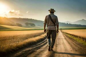 a man in a hat walks down a dirt road. AI-Generated photo