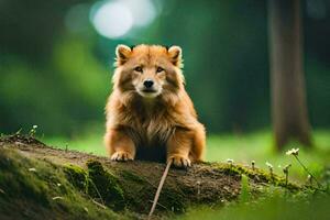 a lion cub sitting on a log in the forest. AI-Generated photo