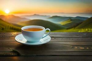 un taza de té en un de madera mesa en el montañas. generado por ai foto