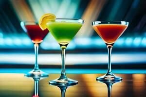 three different colored cocktails are shown on a bar. AI-Generated photo