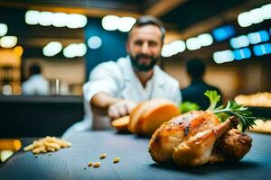 a chef preparing a chicken on a table. AI-Generated photo