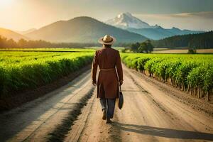 a man in a hat walks down a dirt road in front of a vineyard. AI-Generated photo
