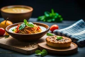 spaghetti with tomato sauce and vegetables in a bowl. AI-Generated photo