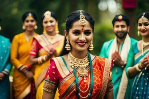 indian wedding party with bride and groom. AI-Generated photo