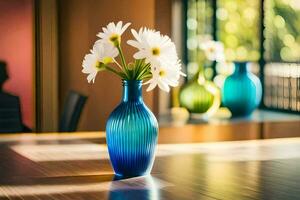 a blue vase with white flowers sitting on a table. AI-Generated photo