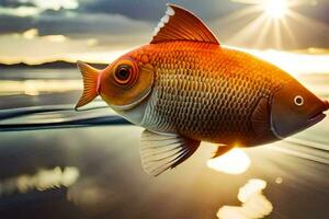 a fish is floating in the water with the sun shining. AI-Generated photo