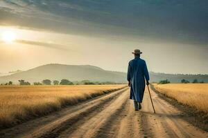 a man in a blue robe walking down a dirt road. AI-Generated photo